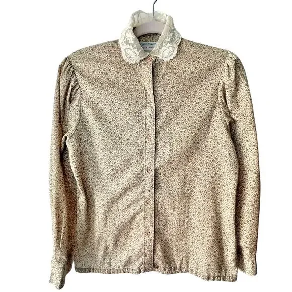 Vintage 70s Prairie Micro Floral Puffy Sleeves Lace Trim Cottage Pioneer Small - Picture 4 of 11